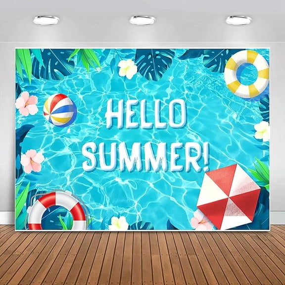 Hello Summer Pool Party Backdrop Tropical Swimming Ring Balls Hawaiian Birthday Photography Background Boy Girls Baby Shower Party Supplies Aloha Luau Decorations Banner Photobooth Props 10x7ft