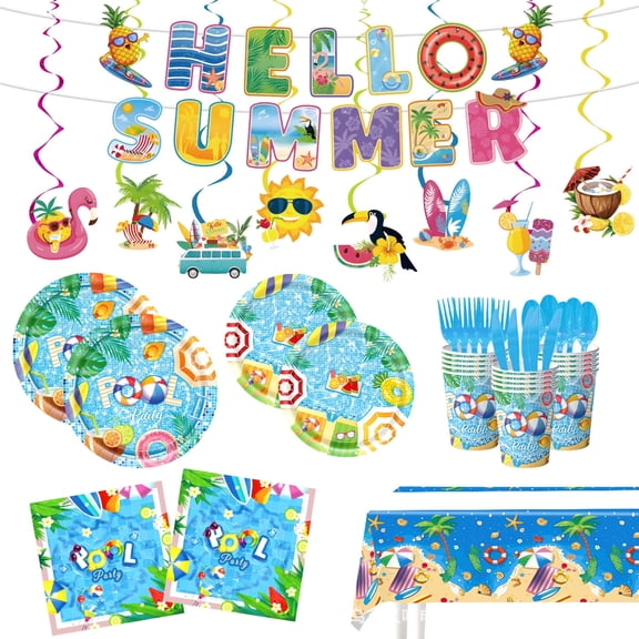 Hello Summer Pool Party Tableware Set for 10 Guests, Tropical Beach & Luau Dinnerware Kit with Plates, Cups, Napkins, Cutlery, Banner & Tablecloth, Summer Pool Party Supplies