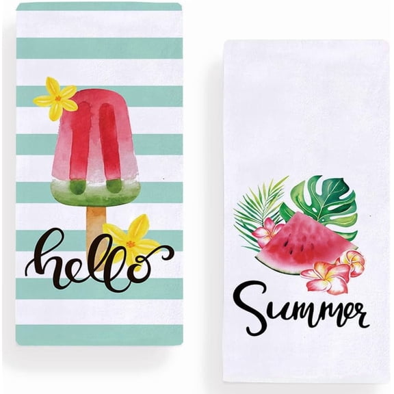 Hello Summer Popsicle Stripe Kitchen Towels Dish Towels, 18x26 Inch Summer Leaves Watermelon Decoration Hand Towels Set of 2