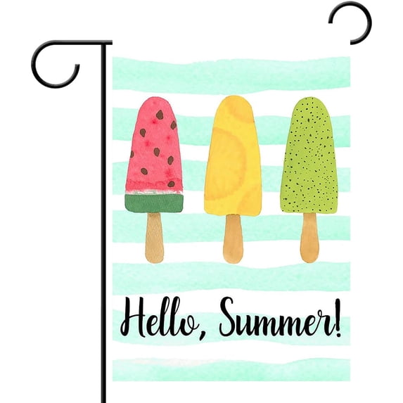 Hello Summer Popsicles and Ice Cream Blue Stripe Double Sided House Flag Garden Banner 28" x 40", Watermelon Pineapple Kiwi Fruit Popsicles Garden Flags for Anniversary Yard Outdoor Decoration