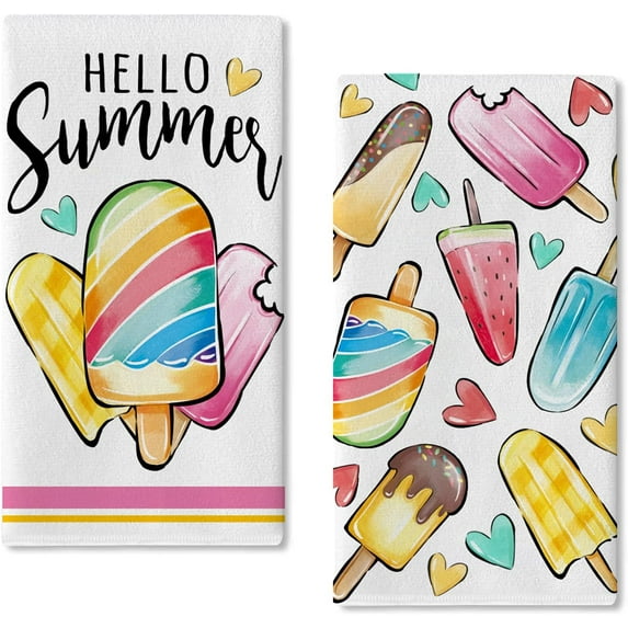 Hello Summer Popsicles Kitchen Dish Towels Set of 2, Rainbow Love Hearts Hand Towel Drying Baking Cooking Cloth, Seasonal Home Kitchen Decor 18x26