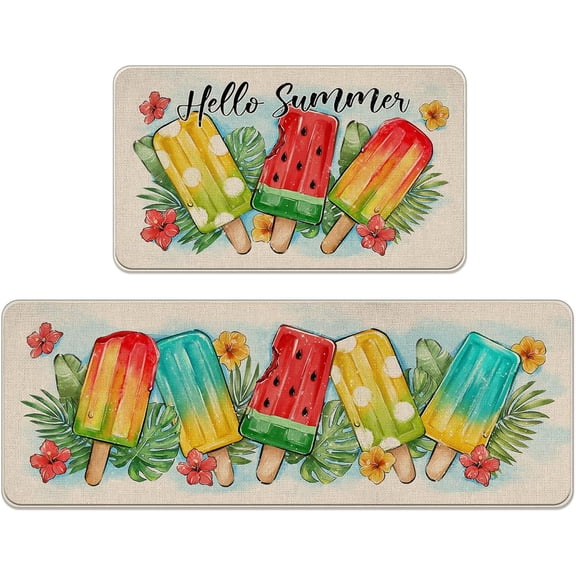 Hello Summer Popsicles Kitchen Rugs Set of 2, Tropical Palm Leaves Monstera Hibiscus Flower Kitchen Mats Decor, Seasonal Floor Door Mat Home Decorations -17x29 and 17x47 Inch