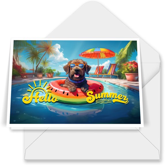 Hello Summer Portuguese Water Dog Pool Day on Watermelon Float 7x5in Folded Greeting Card PWD Portie Fishing Dog Lover Single Note Card with Envelope - 13008