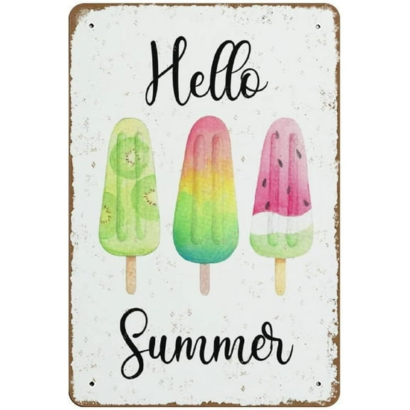 Hello Summer Print Popsicle Watercolor Art Summer Home Decor Ice Cream Print Dessert Wall Art Kids Art Summer Treats Novelty 8x12 Tin Sign Metal Poster Wall Funny Man Cave Cool Wall Door Warning Sign