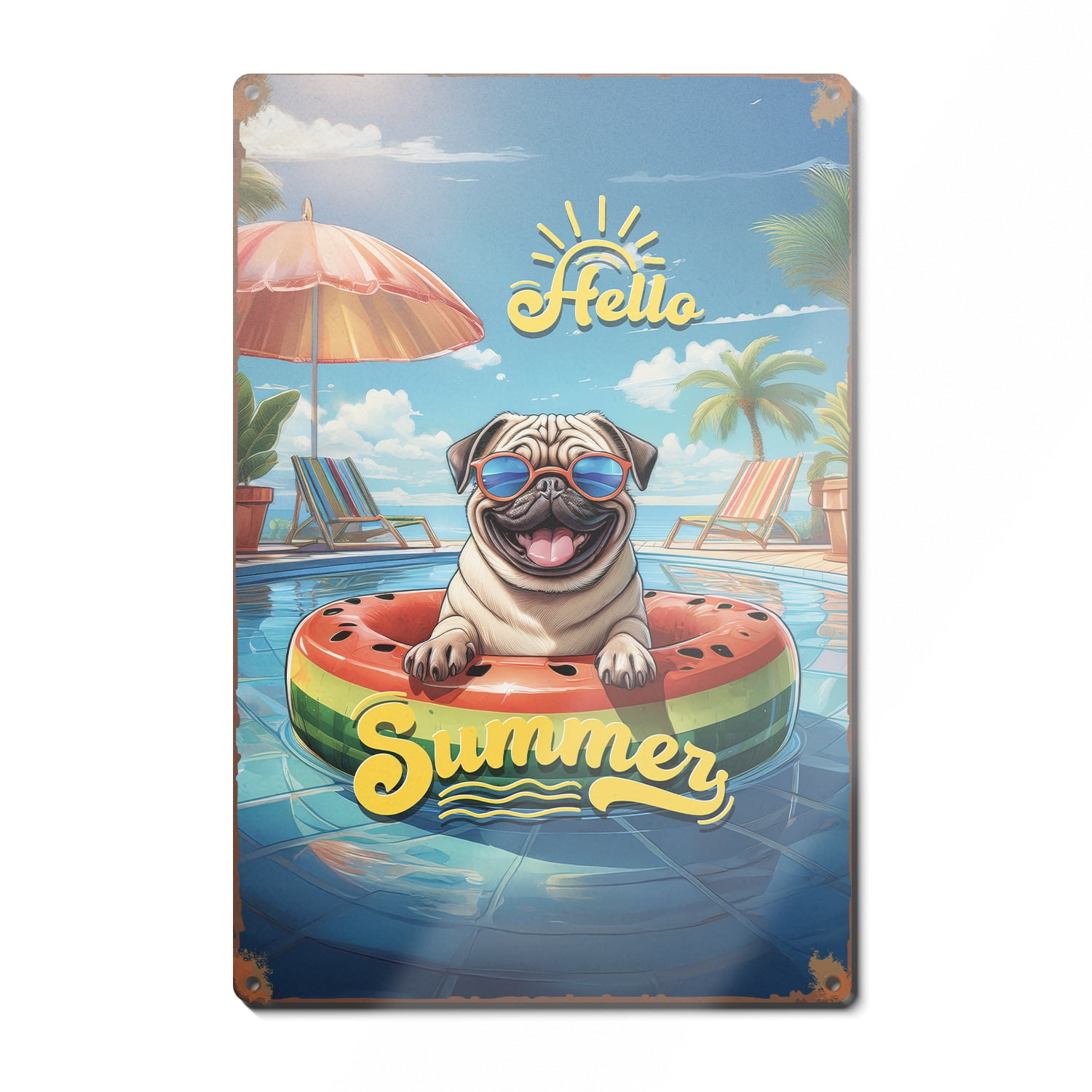 Hello Summer Pug Pool Day on Watermelon Float Vertical Metal Aluminum ...
