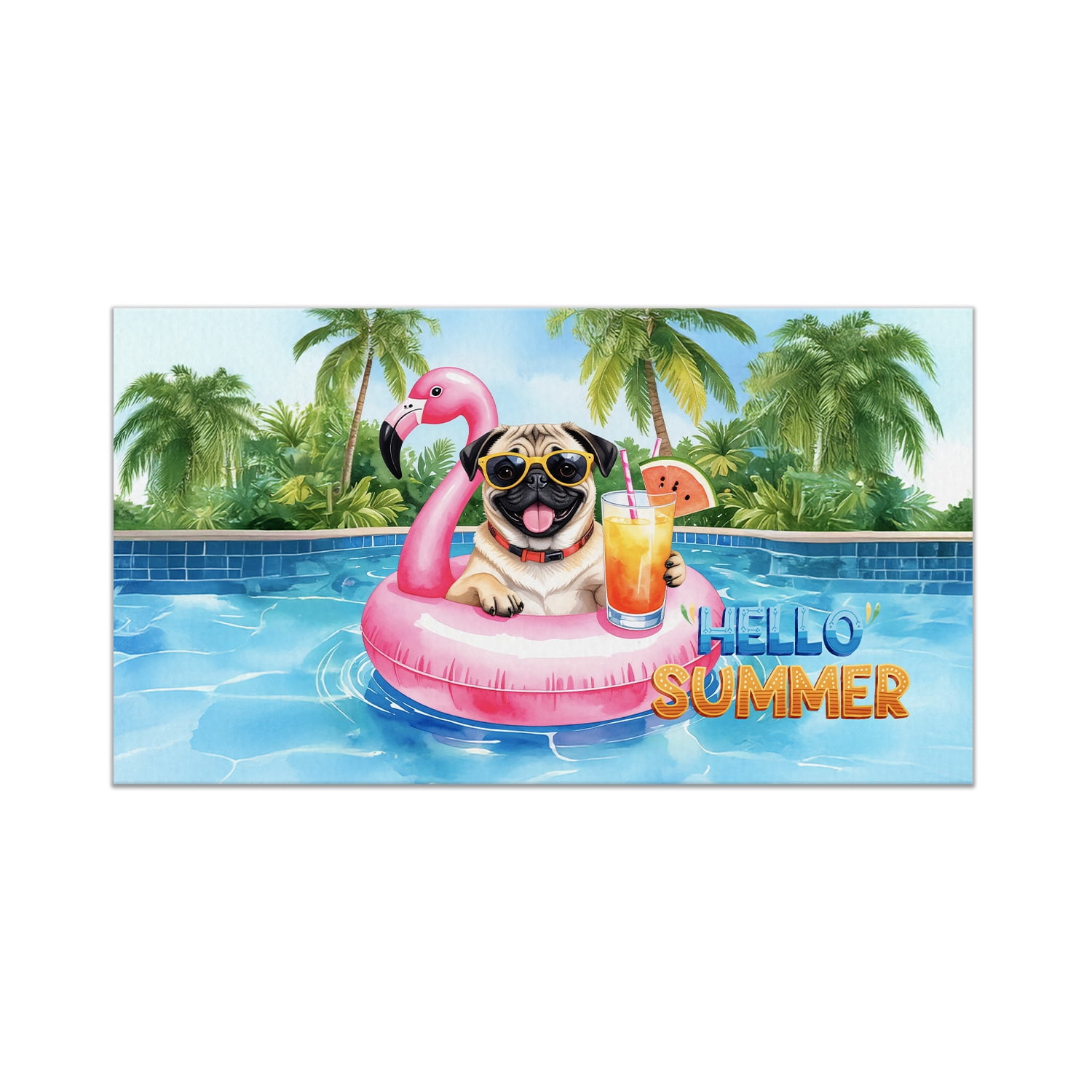 Hello Summer Pug at Swimming Pool Flamingo Swim Ring Doormat Dog Lover Gifts Indoor Outdoor Welcome Mat - 12009
