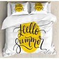 thumbnail image 1 of Hello Summer Queen Size Duvet Cover Set, Abstract Retro Style Lettering in Black Font Across a Round Shape in Yellow, Decorative 3 Piece Bedding Set with 2 Pillow Shams, Mustard Black, by Ambesonne, 1 of 3