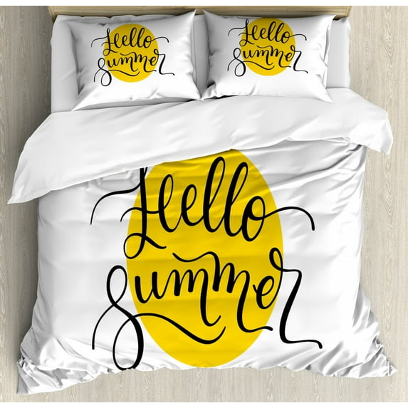 Hello Summer Queen Size Duvet Cover Set, Abstract Retro Style Lettering in Black Font Across a Round Shape in Yellow, Decorative 3 Piece Bedding Set with 2 Pillow Shams, Mustard Black, by Ambesonne