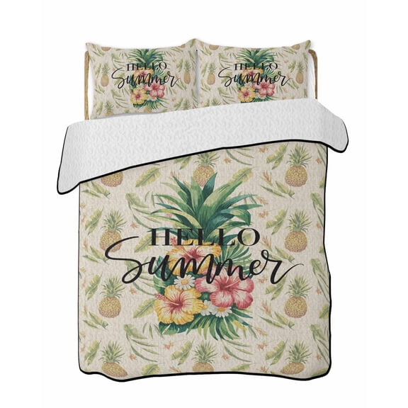 Hello Summer Quilts Bedding Set California King Pineapple Red Flower Tropical Fruit Vintage Linen Abstract Lightweight Quilted Bedspread 3 Piece Bed Quilt with 2 Pillow Shams for Bedroom 96" x 106"