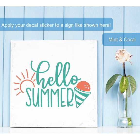 Hello Summer Quote Decals for Wall Cone Sunshine Art - Die-Cut Vinyl Wall Art for Positivity - Seasonal Vinyl Wall Decal Sayings for Wall Decor - Vinyl Lettering Décor - 12x7.25-Inch, Mint-Coral