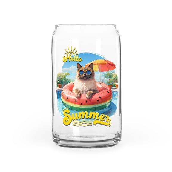 Hello Summer Ragdoll Pool Day on Watermelon Float 16oz Glass Cup Mug Cat Lover Kitten Owner Gifts Idea Glass Can - 13008