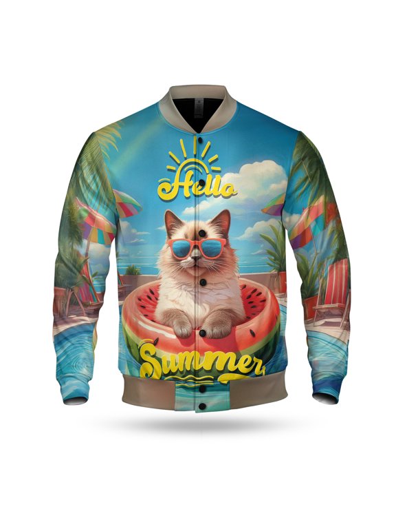 Hello Summer Ragdoll Pool Day on Watermelon Float All Over Print 3D Baseball Jacket Cat Lover Kitten Owner Gifts Idea Bomber Jacket Softball - 13008