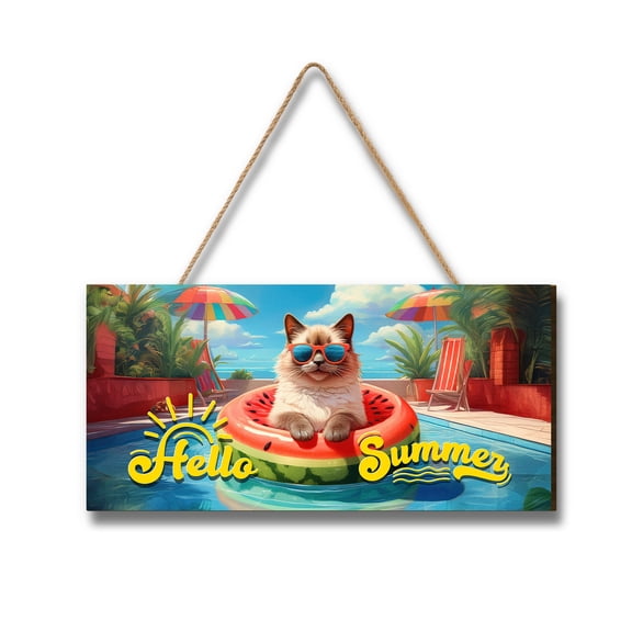 Hello Summer Ragdoll Pool Day on Watermelon Float Landscape Wood Sign Cat Lover Kitten Owner Gifts Idea Hanging Wall Home Decor - 13008
