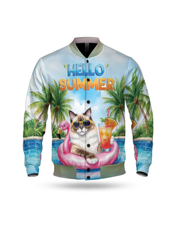 Hello Summer Ragdoll at Swimming Pool Flamingo Swim Ring All Over Print 3D Baseball Jacket Cat Lover Kitten Owner Gifts Idea Bomber Jacket Softball - 12009