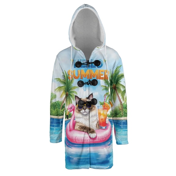 Hello Summer Ragdoll at Swimming Pool Flamingo Swim Ring All Over Print 3D Hooded Duffle Toggle Coat Cat Lover Kitten Owner Gifts Idea - 12009