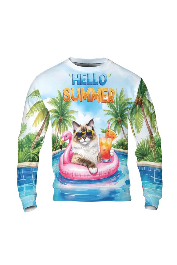 Hello Summer Ragdoll at Swimming Pool Flamingo Swim Ring All Over Print 3D Sweatshirt Unisex Merch Cat Lover Kitten Owner Gifts Idea - 12009