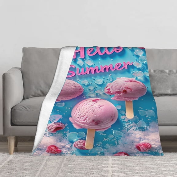 Hello Summer Raspberry Ice Cream Popsicle Throw Blanket, Bright Blue Ice Cube Berry Print Soft Flannel Lightweight Cozy Fleece Blanket for Sofa Couch Bed Girls Summer Themed Bedroom Decor Gift