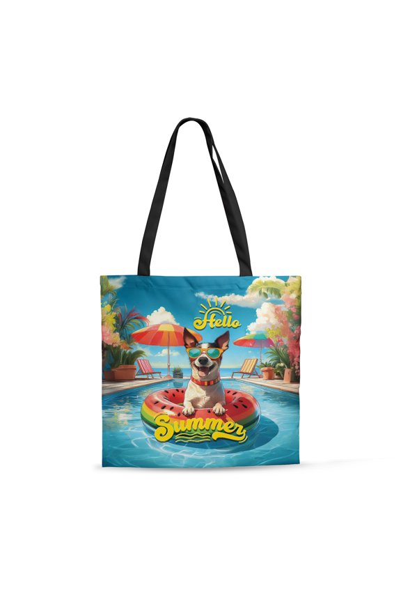 Hello Summer Rat Terrier Pool Day on Watermelon Float All Over Print 3D Canvas Tote Bag Ratty Dog Lover Reusable Handbag - 13008