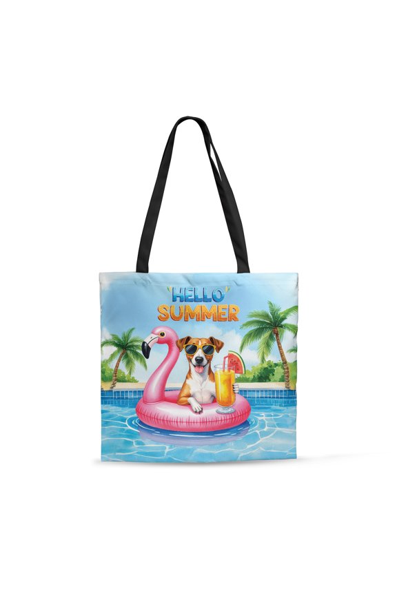 Hello Summer Rat Terrier at Swimming Pool Flamingo Swim Ring All Over Print 3D Canvas Tote Bag Ratty Dog Lover Reusable Handbag - 12009