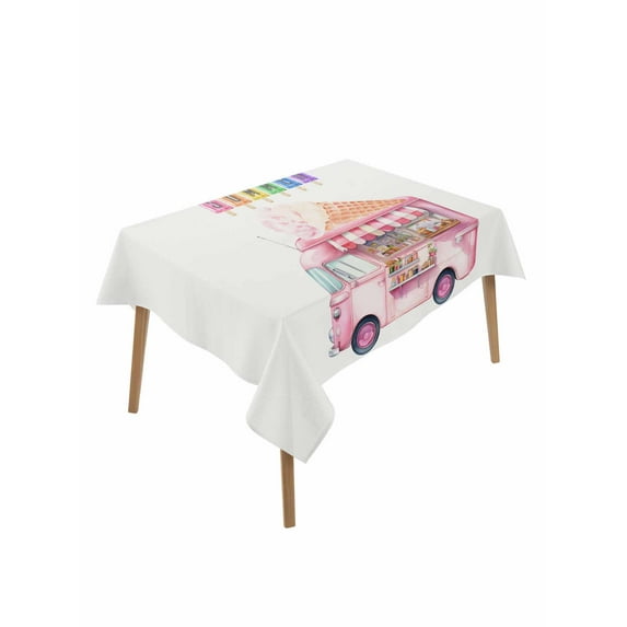 Hello Summer Rectangle Tablecloth, Pink Ice Cream Truck Watercolor Waterproof & StainResistant Tablecloth, Washable Oil-proof Table Cover for Dining/Party/Wedding/Camping/Buffet 60x84 In