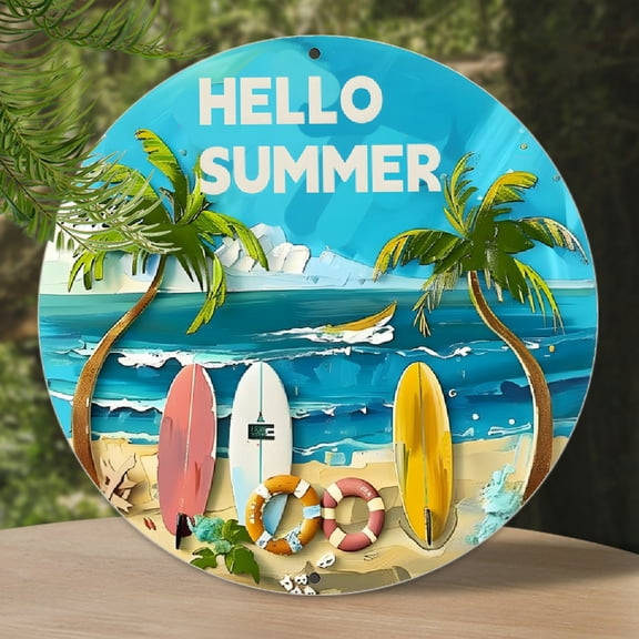 Hello Summer" Round Aluminum Wall Art  8" Nautical Surfboard & Palm Tree Decor | Tropical Beach-Themed Hanging Sign for Home, Garden & Pool Areas