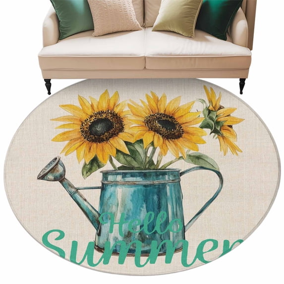 Hello Summer Round Area Rug 8ft Vintage Yellow Sunflower Linen Texture Non-Slip Washable Circle Rugs Soft Felt Indoor Floor Mat for Bedroom Kitchen Living Room Bathroom