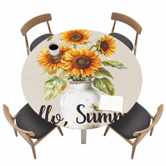 Hello Summer Round Fitted Tablecloth with Elastic Edge Country Sunflower Bee Linen Texture Table Cover Fit for 36"-44" Tables Waterproof Tablecloths for Dinner Camping Picnic