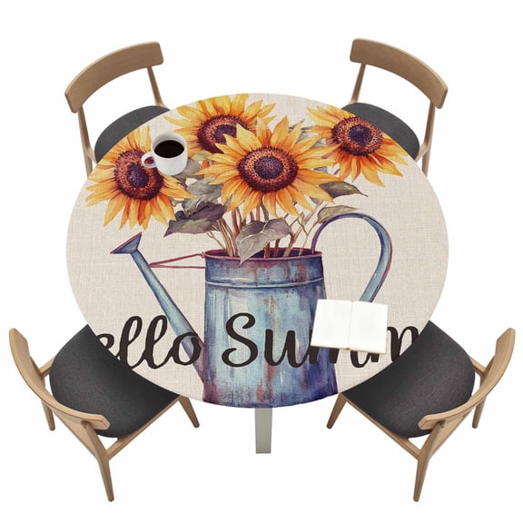 Hello Summer Round Fitted Tablecloth with Elastic Edge Vintage Sunflower Floral Linen Texture Table Cover Fit for 36"-44" Tables Waterproof Tablecloths for Dinner Camping Picnic