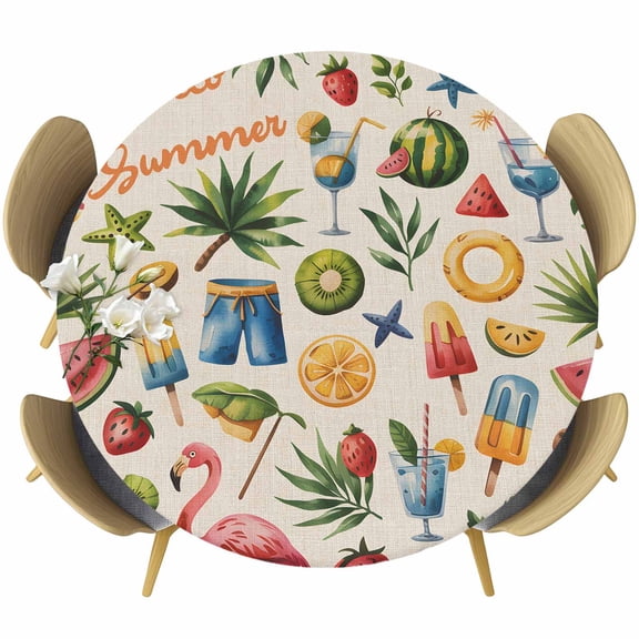 Hello Summer Round Tablecloth, Fitted Table Cover with Elastic for 45"-54" Round Tables, Tropical Flamingo Coconut Tree Leaf Starfish Table Cloth Outdoor Indoor Dinning Party Waterproof Tablecloths
