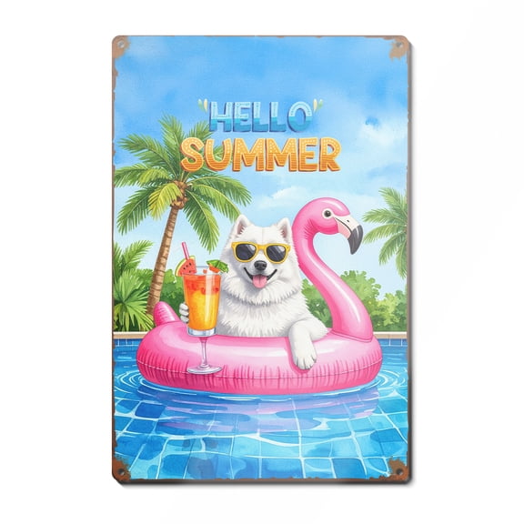 Hello Summer Samoyed at Swimming Pool Flamingo Swim Ring Vertical Metal Aluminum Sign Siberian Sammy Dog Lover Wall Art Home Decor - 12009