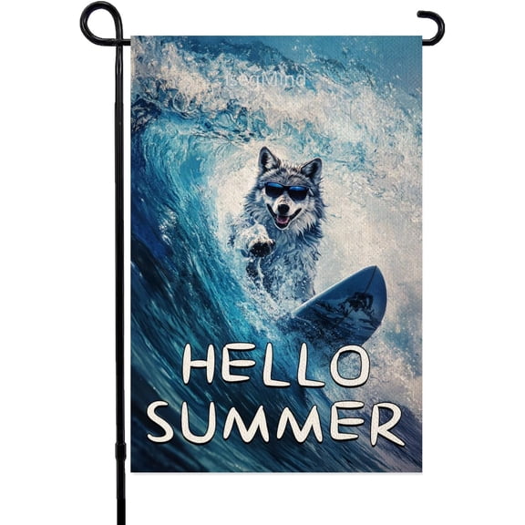 Hello Summer Sea Beach Wolf Garden Flag, Wolf Flag 12x18 Inch Double Sided, Seasonal Linen Yard Flag for Outside Decoration (6985)