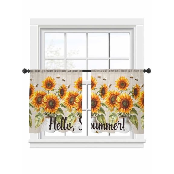 Hello Summer Sheer Curtains 2 Panels Set Country Sunflower Bee Linen Texture Sheer Window Curtains Light Filtering Rod Pocket Voile Drapes for Bedroom Living Room 52"x45"