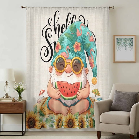 Hello Summer Sheer Curtains 84 Inches Long, Cute Gnomes Watermolen Sunflowers Tropical Plants Light Filering Curtains, Breathable Simi Curtain Privacy Drapes for Living Room Bedroom Window Treatment