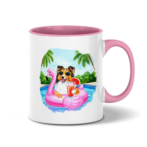 Hello Summer Shetland Sheepdog at Swimming Pool Flamingo Swim Ring 11oz Accent Two-tone Mug Sheltie Dog Lover Gifts Coffee Tea Cup - 12009