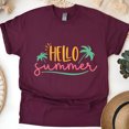 thumbnail image 1 of Hello Summer Shirt – Fun Tropical Palm Tree Graphic Tee, Maroon, Size S, 1 of 6