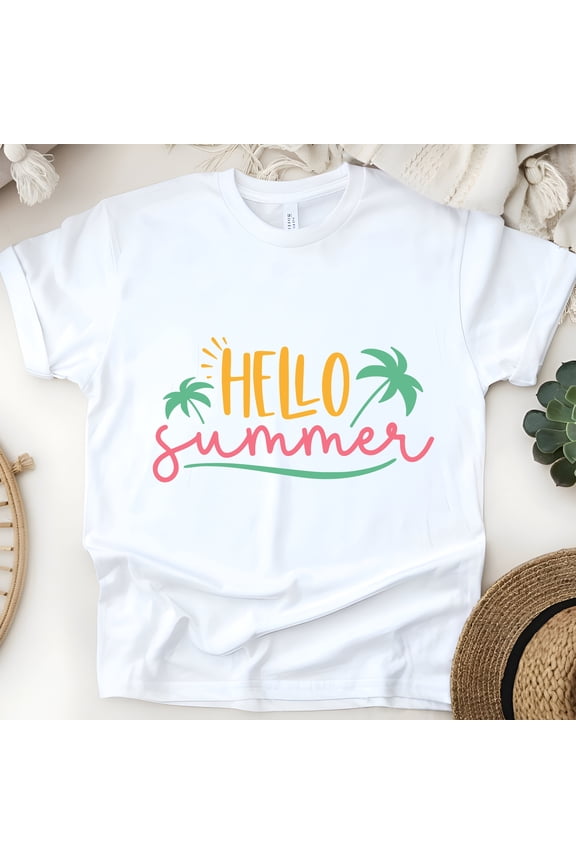 Hello Summer Shirt – Fun Tropical Palm Tree Graphic Tee, White, Size M