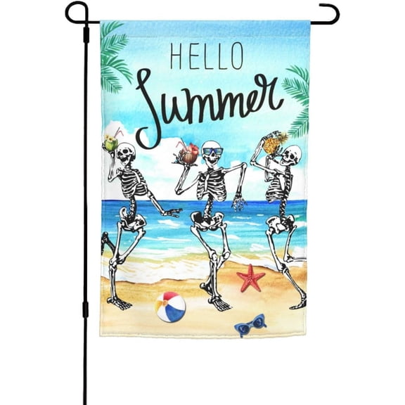 Hello Summer Skeleton Funny Skull Summer Coastal Hawaii Tropical Ocean Garden Flag Welcome Party Outdoor Outside Decorations Picks Home House Garden Yard Decor 12x18 Inch