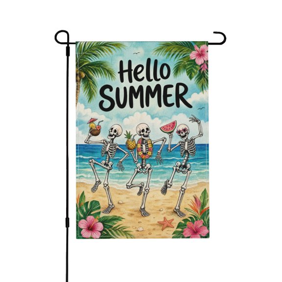 Hello Summer Skeleton Garden Flag Funny Skull Tropical Coastal Ocean Yard Outdoor Decoration 12x18 in