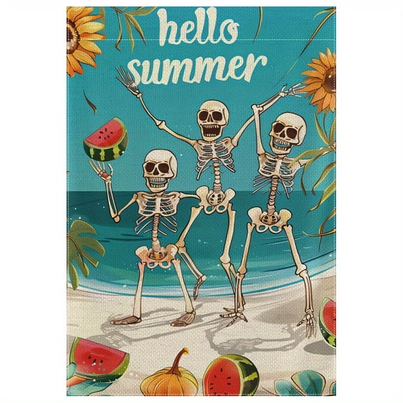 Hello Summer Skull Garden Flag - Double-Sided 12x18inch , Vibrant Yard Decoration with Playful Skulls, Watermelon, and Tropical Elements, Durable Polyester Material, Suitable for Outdoor Celebrations
