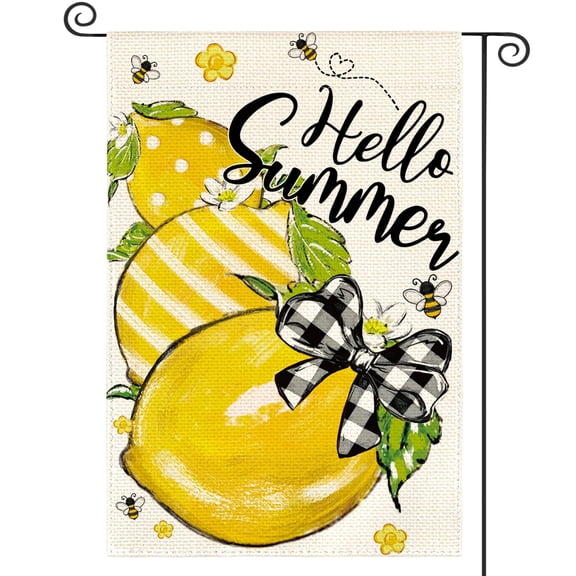Hello Summer Small Burlap Yard Flag Lemon Bee Rustic 12x18 Double Sided Seasonal Decor