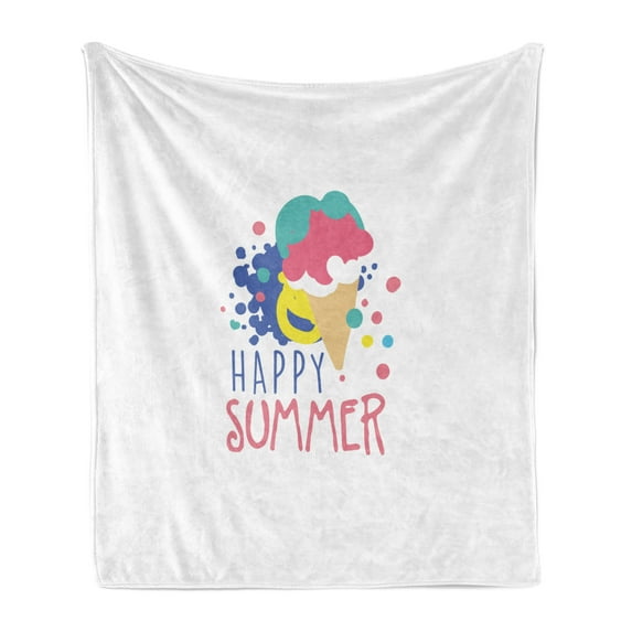 Hello Summer Soft Flannel Fleece Blanket, Colorful Illustration with Melting Ice Cream Doodle Color Spots and Lettering, Cozy Plush for Indoor and Outdoor Use, 50" x 60", Multicolor, by Ambesonne