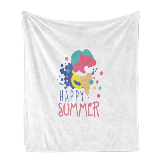 Hello Summer Soft Flannel Fleece Blanket, Colorful Illustration with Melting Ice Cream Doodle Color Spots and Lettering, Cozy Plush for Indoor and Outdoor Use, 50" x 70", Multicolor, by Ambesonne