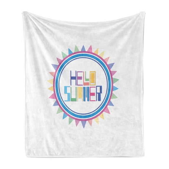 Hello Summer Soft Flannel Fleece Blanket, Retro Funky Typographic Design Print and Geometrical Shapes in Lively Colors, Cozy Plush for Indoor and Outdoor Use, 70" x 90", Multicolor, by Ambesonne