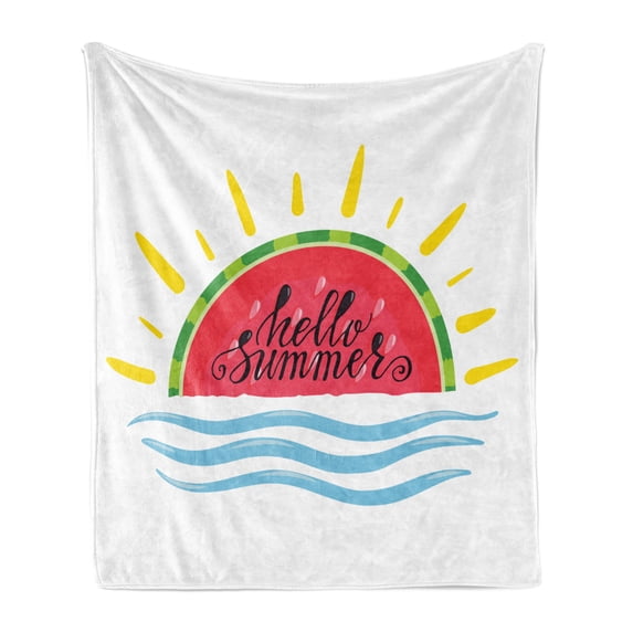 Hello Summer Soft Flannel Fleece Blanket, Watermelon Slice Motif with Hand Drawn Ocean Waves Summer Season Themed Exotic, Cozy Plush for Indoor and Outdoor Use, 60" x 80", Multicolor, by Ambesonne