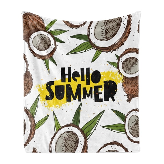 Hello Summer Soft Flannel Fleece Throw Blanket, Abstract Summertime Concept Wording in Trend Lettering and Coconut Halves, Cozy Plush for Indoor and Outdoor Use, 70" x 90", Multicolor, by Ambesonne