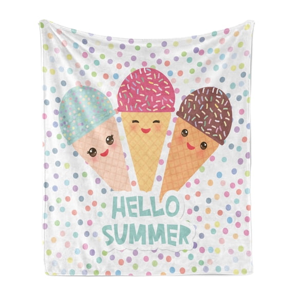 Hello Summer Soft Flannel Fleece Throw Blanket, Flavored Ice Cream Cones Topping with Lettering and Polka Dots Childish, Cozy Plush for Indoor and Outdoor Use, 50" x 70", Multicolor, by Ambesonne