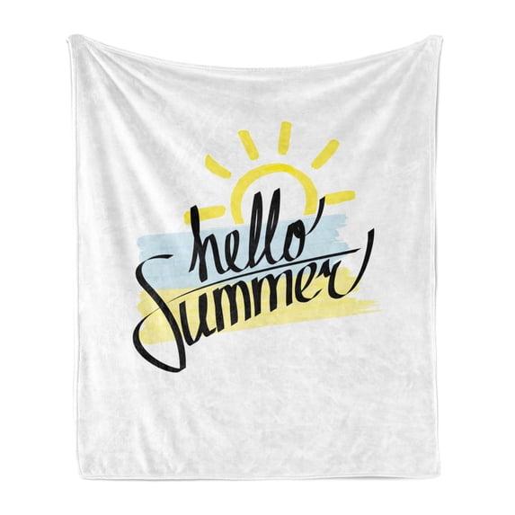 Hello Summer Soft Flannel Fleece Throw Blanket, Freehand Brush Strokes Background Calligraphy Summer Elements, Cozy Plush for Indoor and Outdoor Use, 60" x 80", Pale Yellow Almond Green, by Ambesonne