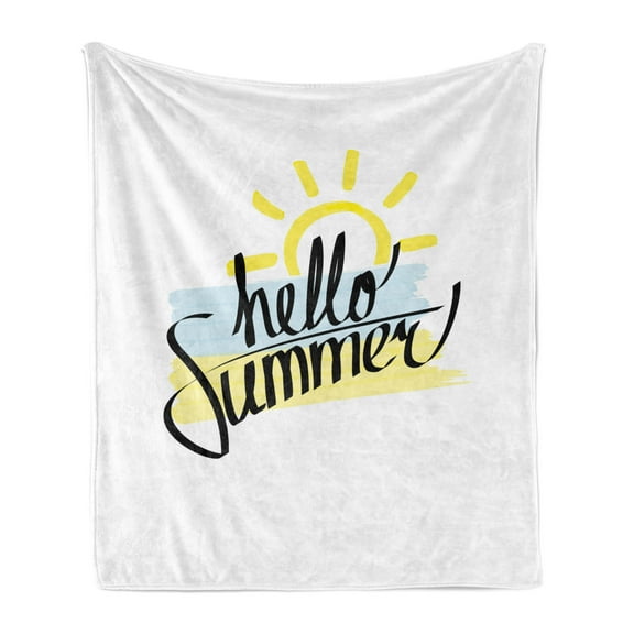Hello Summer Soft Flannel Fleece Throw Blanket, Freehand Brush Strokes Background Calligraphy Summer Elements, Cozy Plush for Indoor and Outdoor Use, 70" x 90", Pale Yellow Almond Green, by Ambesonne