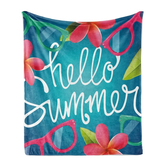 Hello Summer Soft Flannel Fleece Throw Blanket, Funky Illustration of Summer Images Colorful Sunglasses and Frangipani Buds, Cozy Plush for Indoor and Outdoor Use, 50" x 60", Multicolor, by Ambesonne