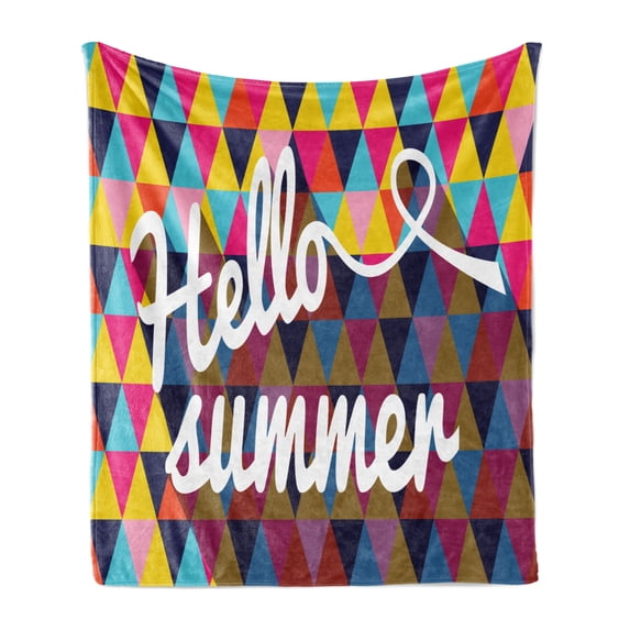 Hello Summer Soft Flannel Fleece Throw Blanket, Geometrical Tiny Triangles Colorful Cursive and Typographical Composition, Cozy Plush for Indoor and Outdoor Use, 70" x 90", Multicolor, by Ambesonne